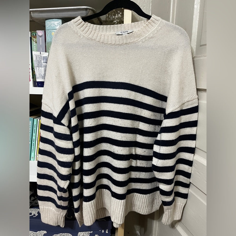 COS Cream and Navy Striped Knit Sweater